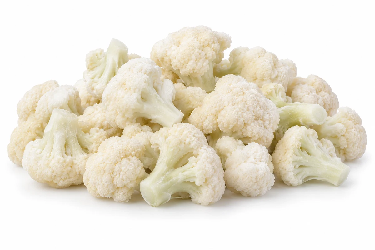 Pile of individually quick frozen cauliflower florets with a light natural frost on a white background