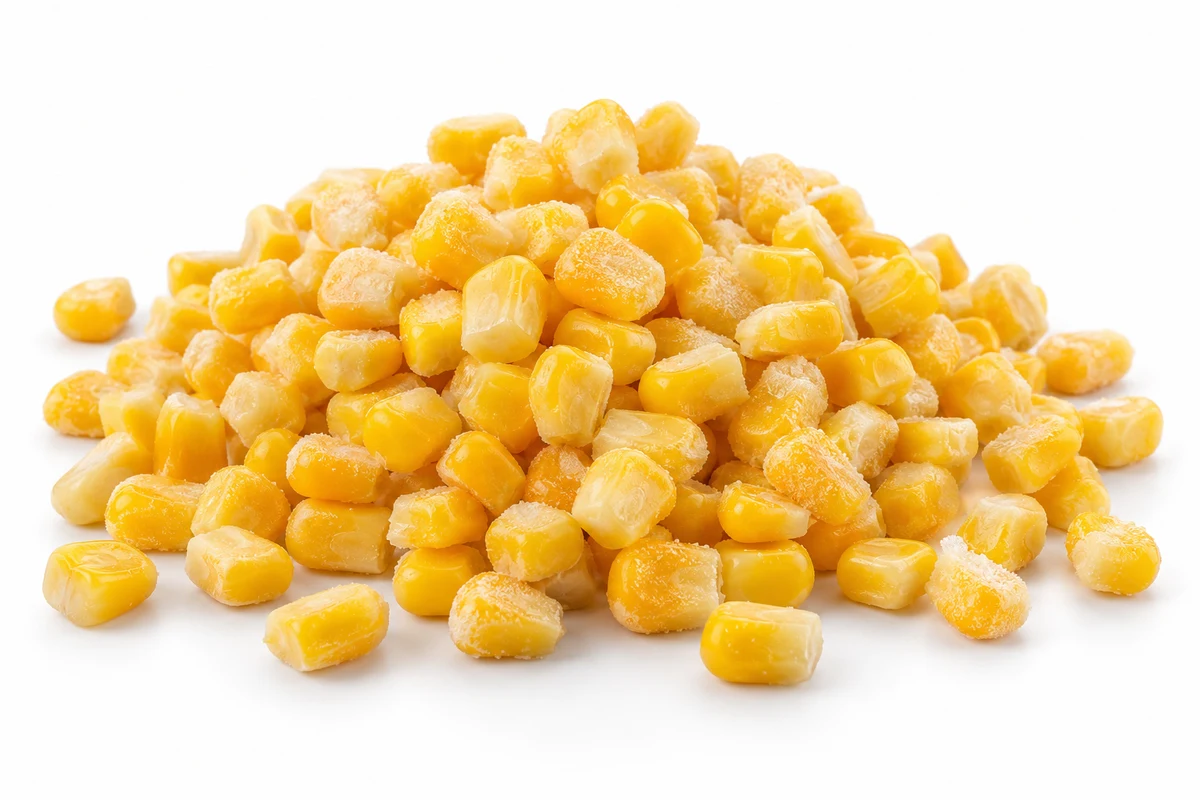 Pile of individually quick frozen sweet corn kernels with a light natural frost