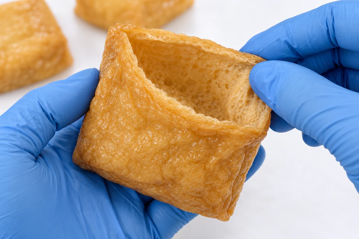 Blue food-safe gloves holding open a seasoned inari pouch to show the cavity, wall and intact opening edge